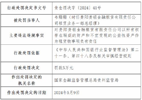 因租后管理不到位 融资租赁款被挪用等 贵阳贵银金融租赁被罚90万元